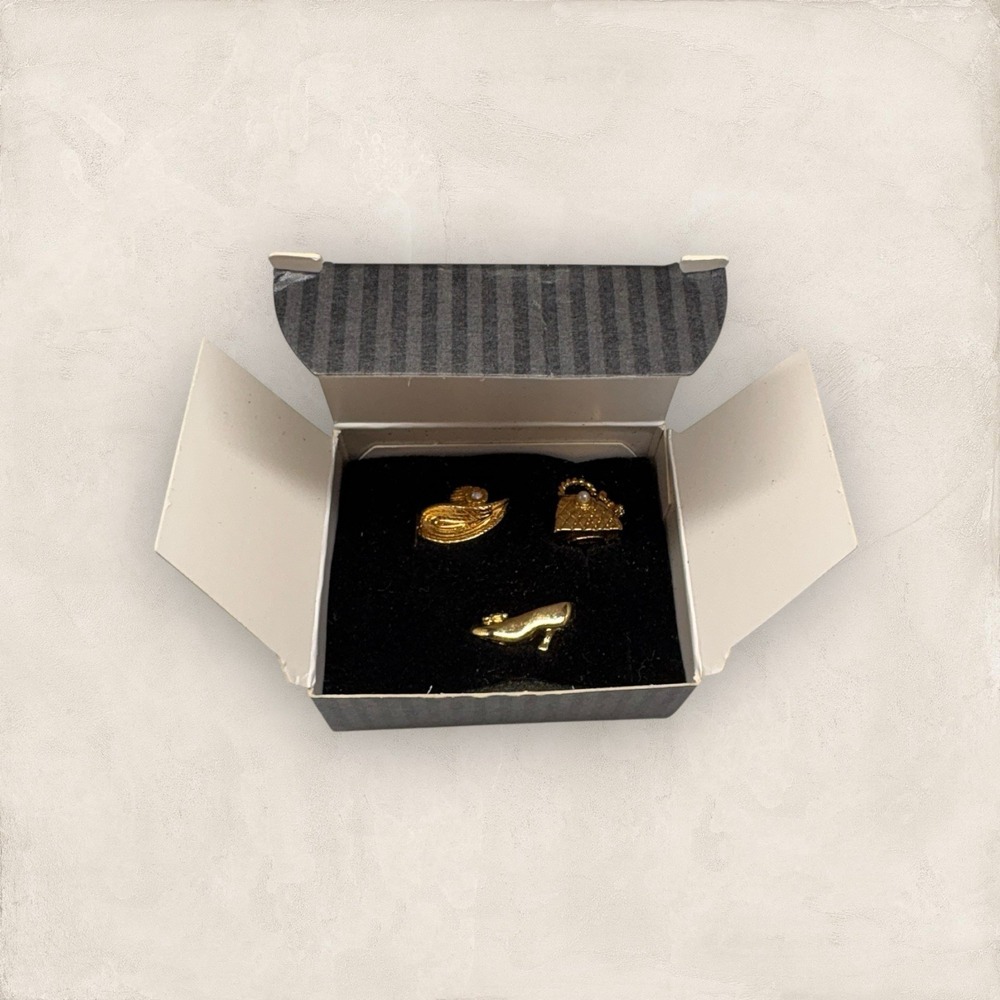 Vintage 1995 Avon Precious Dress Up Pin Goldtone Pearl Shoe Hat Purse - 3 Pins